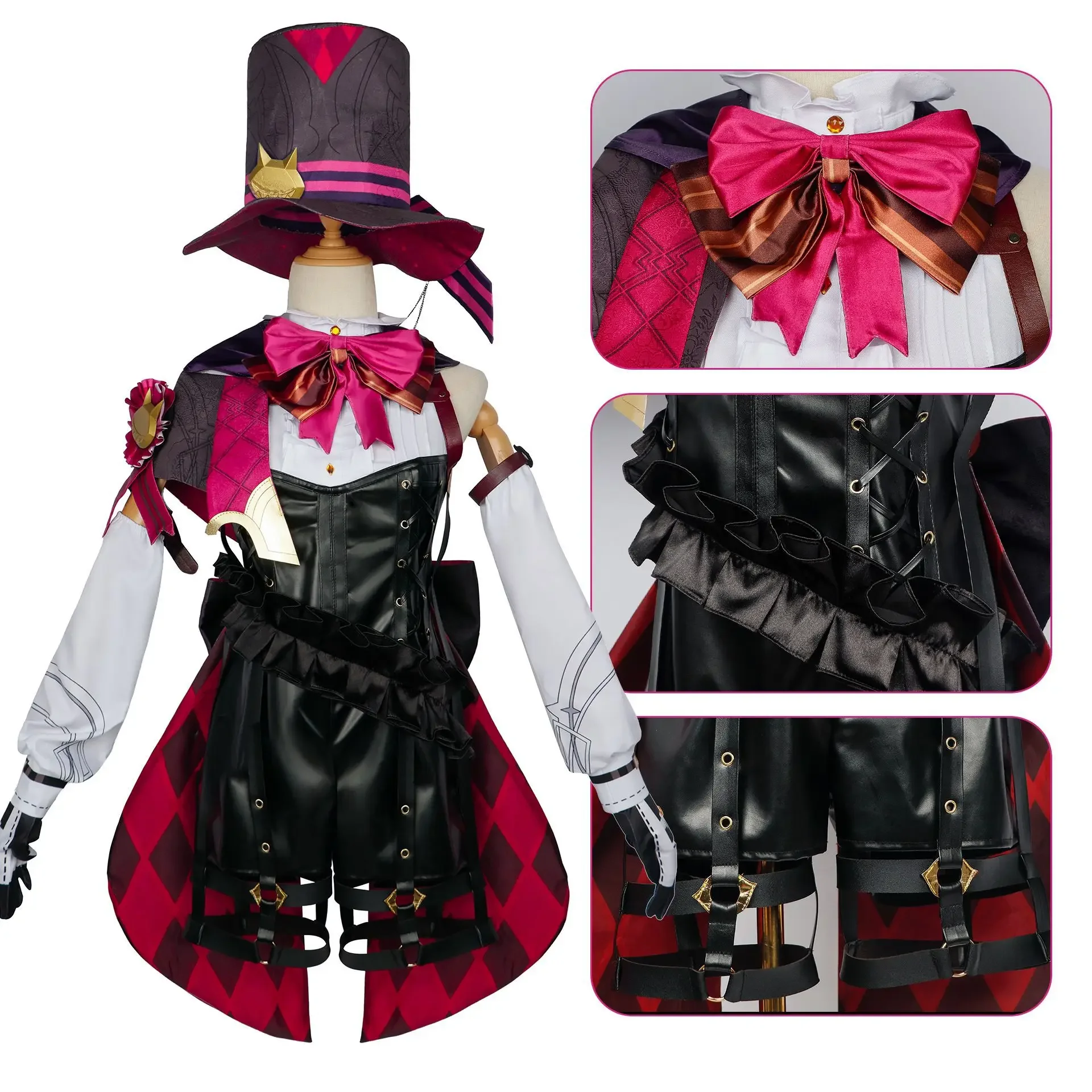 Anime Genshin Impact Lyney Cosplay Fontaine Costume Wig Hat Set  magician Leather Uniform Dress Short Hair Skirt Glove Outfit