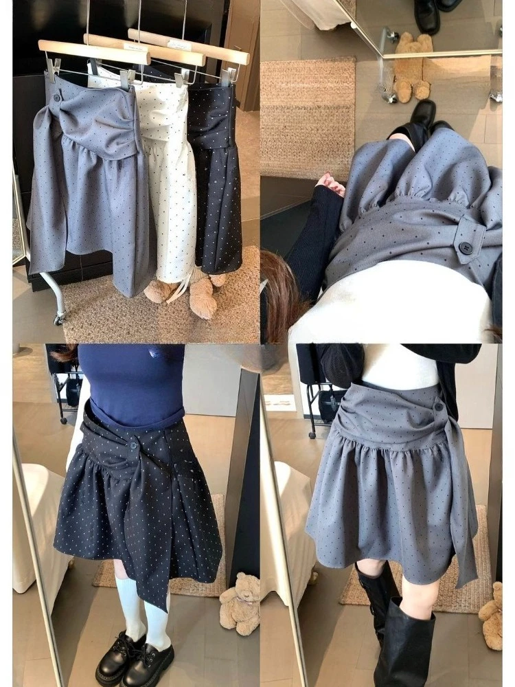 

Sweet Harajuku Japanese Style Grunge Y2K Polka Dot Ruffle Button Black Mini Skirt Women Kawaii Lolita Chic Daily Wear Streetwear