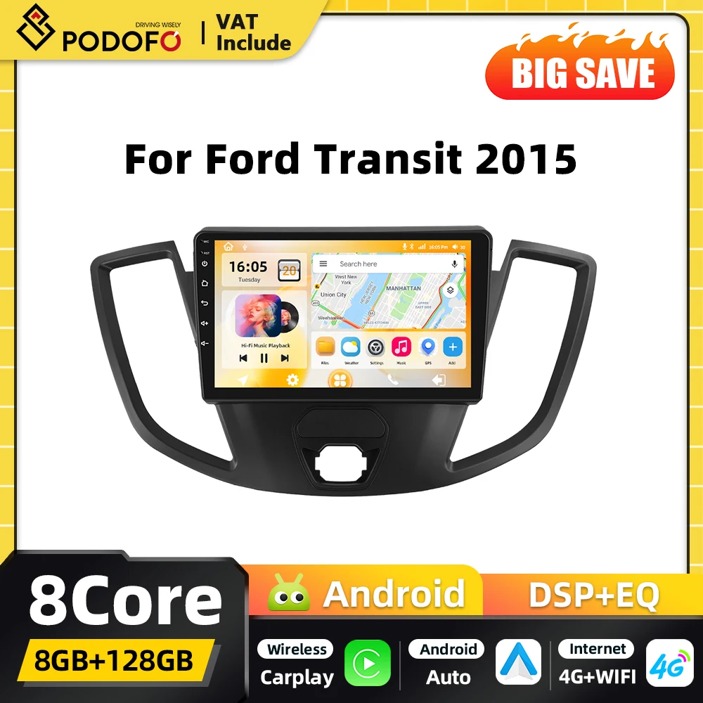Podofo 8Core 2din Android Car Multimedia Player for Ford Transit 2015 Carplay FM WIFI DSP Android Auto RDS BT GPS Navigation