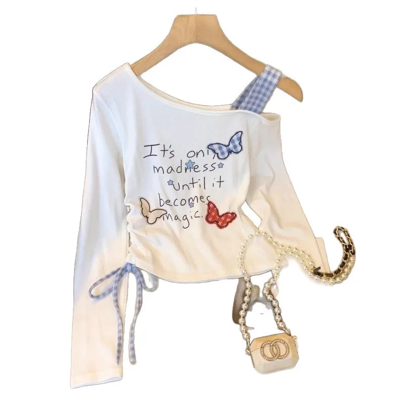Spring and Autumn Women's Best-selling Casual Printed Slim-fit Drawstring Waist-Slant Shoulder Strap Long-sleeve T-shirt