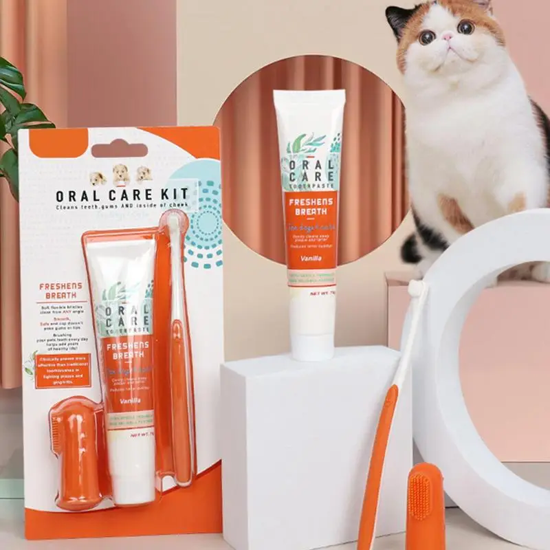 Beef Cat Toothbrush and Toothpaste Set for Teeth Cleaning Vanilla Toothpaste Finger Toothbrush Tongue Cleaning Pet Accessories