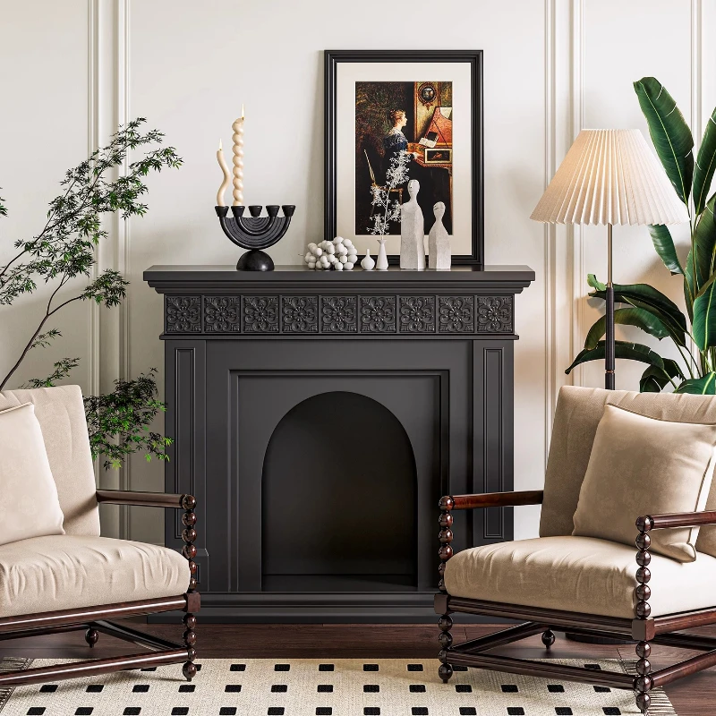 

French retro pattern fireplace living room home decoration storage fireplace cabinet black wall side cabinet