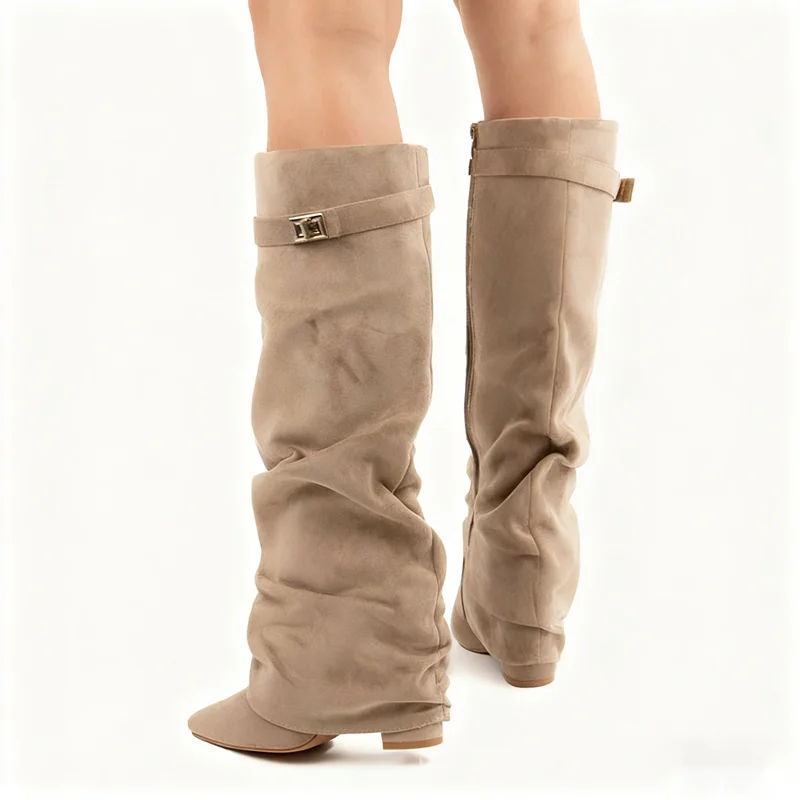 Autumn And Winter New Pointed Metal Buckle Knee High Women's Boots Thick High-heeled Pants Boots Ladies Fashion Mid Leg Boots view 3