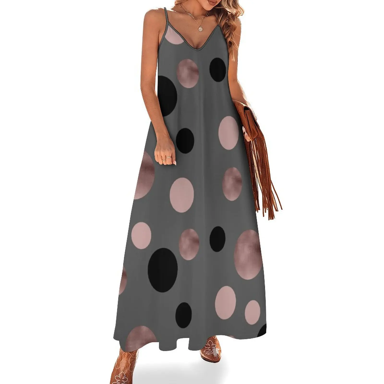 

Elegant rose gold, black and pink dots Sleeveless Long Dress cute dress wedding dresses for woman Dress