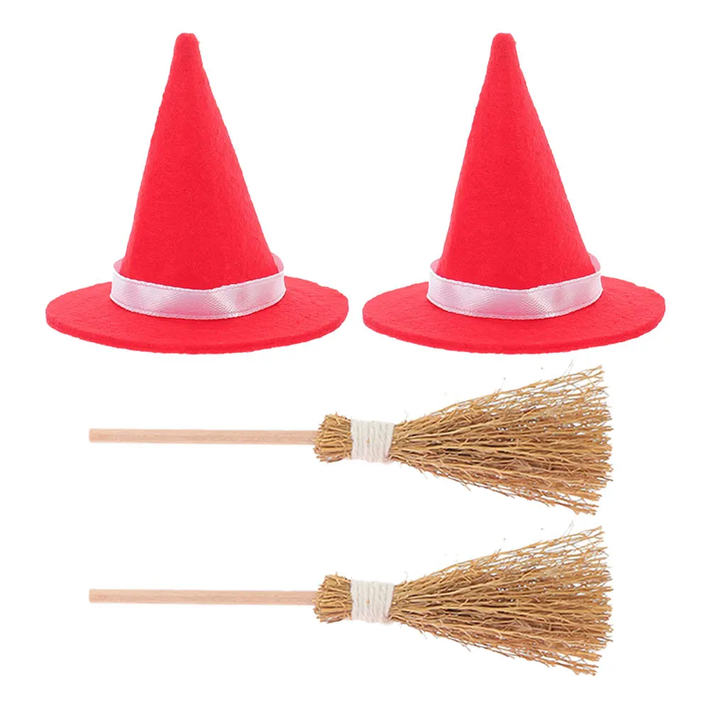 

2 set Witch Hats Broom Set Halloween Decor Witch Hat For House Diy Crafts Party Tiny Ornament Supplies Accessory