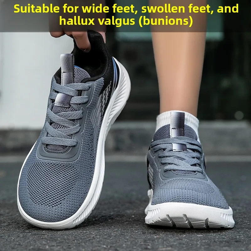 メンズ-ワイドフット-スポーツシューズ-通気性のあるアッパー-スリッポン-カジュアルシューズ-快適なワイドヘッド-フラットヒール-ウェーブパターンのトレッド