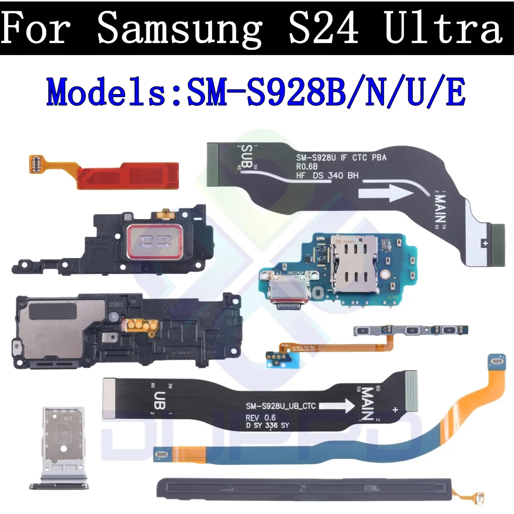 Top Ear Loud Speaker SIM Card Tray Charging Port Board For Samsung S24 Ultra S928 Stylus Pen Off On LCD Motherboard Flex Cable