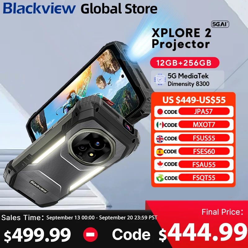 Blackview XPLORE 2 Projector 5G AI Rugged Phone 6.73” 3.2K AMOLED Display Dimensity 8300 20000mAh 120W Charger Cellphone