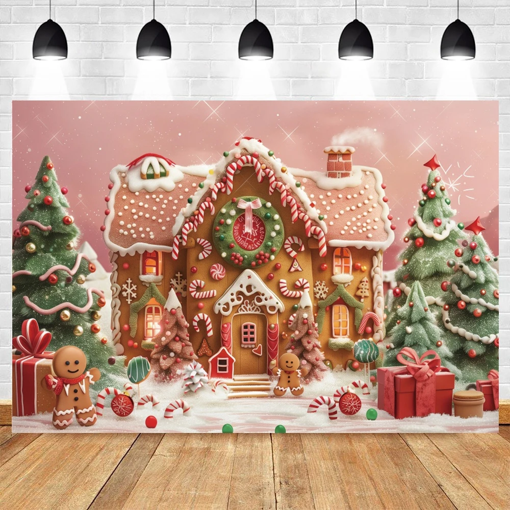 Christmas Backdrop Winter Pink Xmas House Window Snow Candy Gingerbread Kids Family Portrait Photography Background Photo Studio