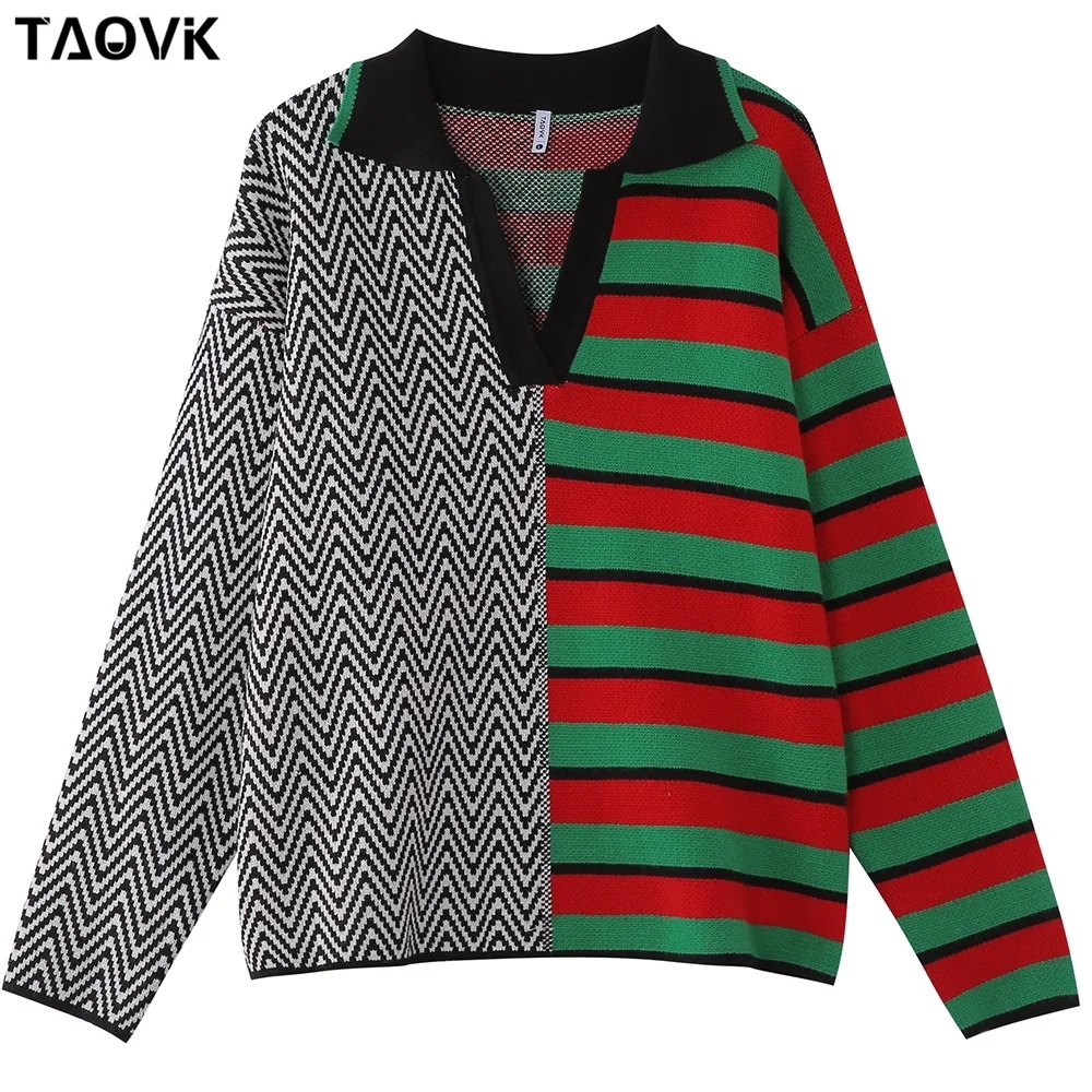 TAOVK Women\'s Knitted Long Sleeve warm Jumper Knitwear Contrast Color Pullover Striped and Wave Pattern Lapel Sweater Pullover