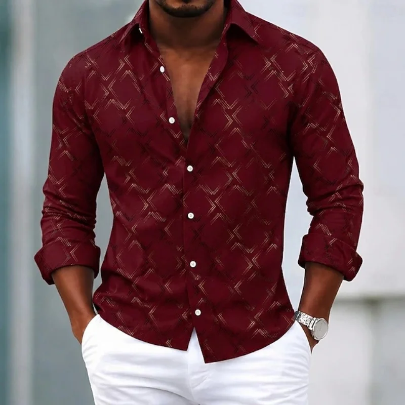 Men's Metal Fluid Gloss Long Sleeve Shirt Abstract Ripple Satin Texture Collar Party Light Luxury Men's Top