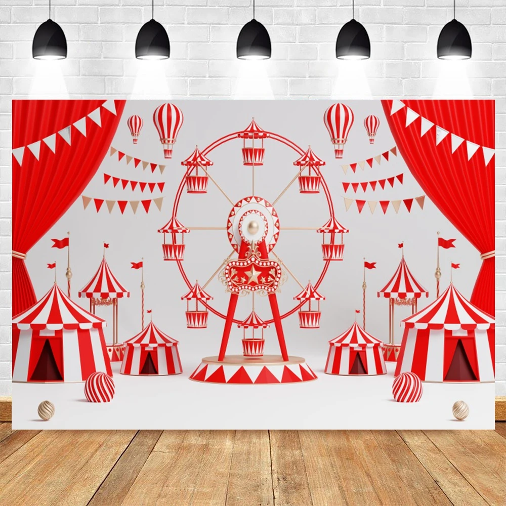 خلفية موضوع السيرك للتصوير الفوتوغرافي لحفلة عيد ميلاد الطفل، خيمة حمراء، عجلة فيريس، ديكور خلفية صورة كرنفال السيرك #4