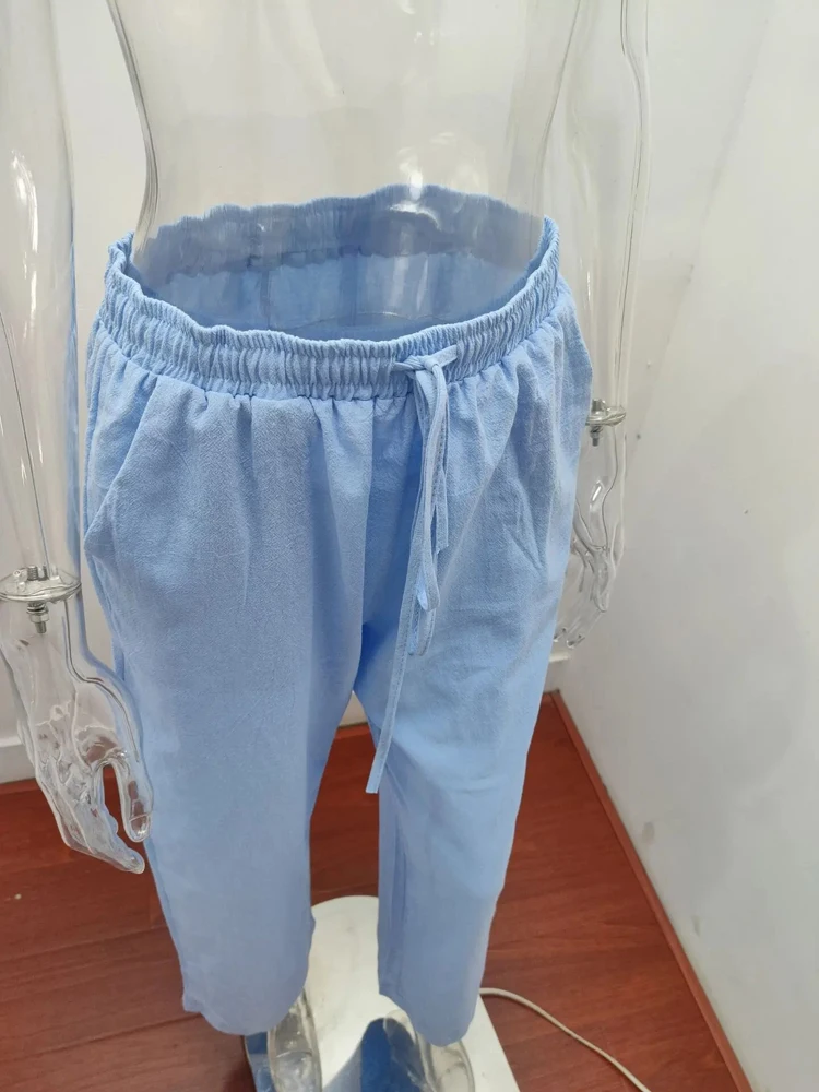 Damenhosen aus 100% Baumwolle für Sommer und Herbst, einfarbige, hochtaillierte, gerade geschnittene Hosen, lockere, atmungsaktive Freizeithosen aus Hanf für Damen, Sport-Hosen. – Detail 2