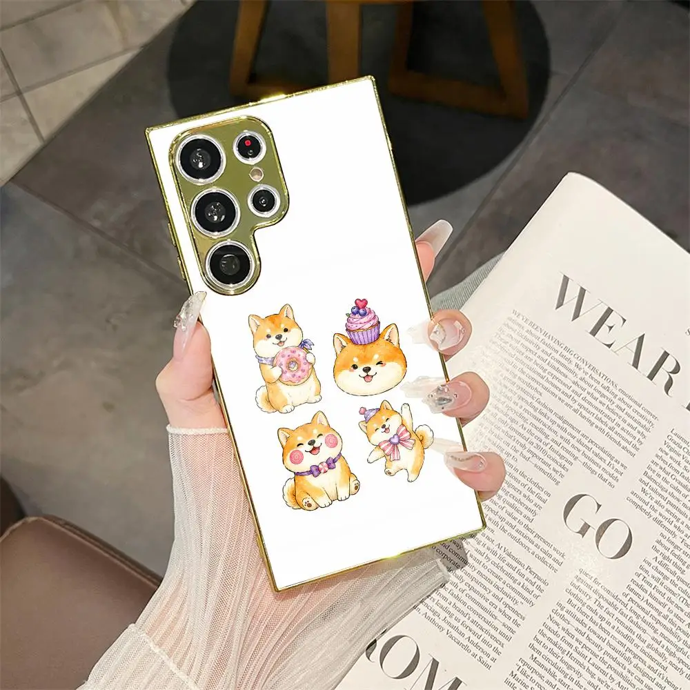 Cute Dog Phone Case For Samsung Galaxy S25 S24 S23 Ultra Electroplated Metal Case Glass Back Cover