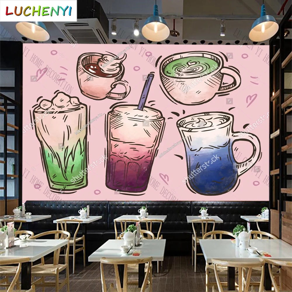 Custom bubble tea coffee cold drinking sodas mural wallpaper restaurant drinking shop dining room wall papers home decor sticker