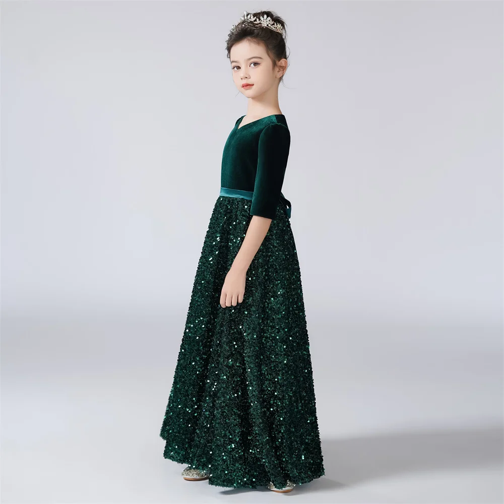 Dideyttawl Customized Three-Quarter Sleeves Dress For Girl Sequins Shiny Flower Girl Dresses Kids Birthday Formal Princess Gowns