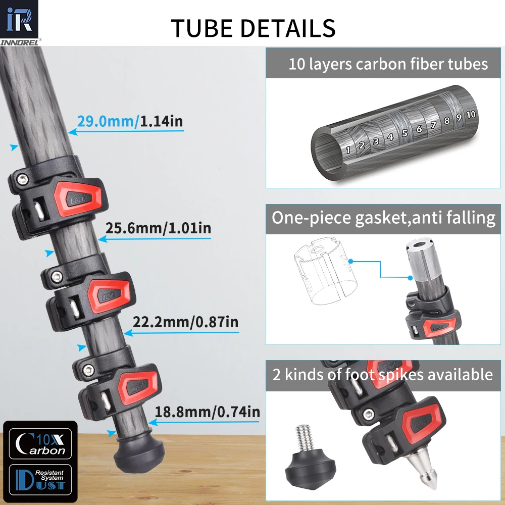 Carbon Fiber Horizontal Tripod INNOREL YT284C, Professional Camera Monopod for DSLR Video Camcorder Overhead Shooting Load 20kg