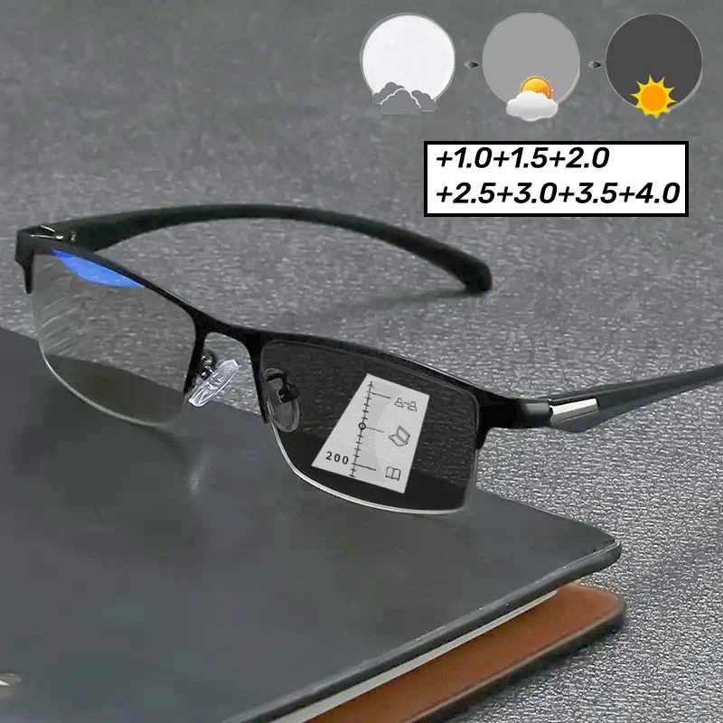 

Unisex Business Fashion Photochromic Reading Glasses Men Women Retro Progressive Far Sight Eyeglasses Color Changing Presbyopia