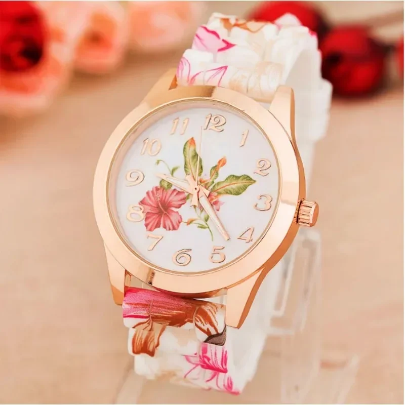 Floral Silicone Strap Women\'s Watch Large Dial Digital Quartz Movement Wristwatch Multiple Colors Female Clock Relogio Mujer