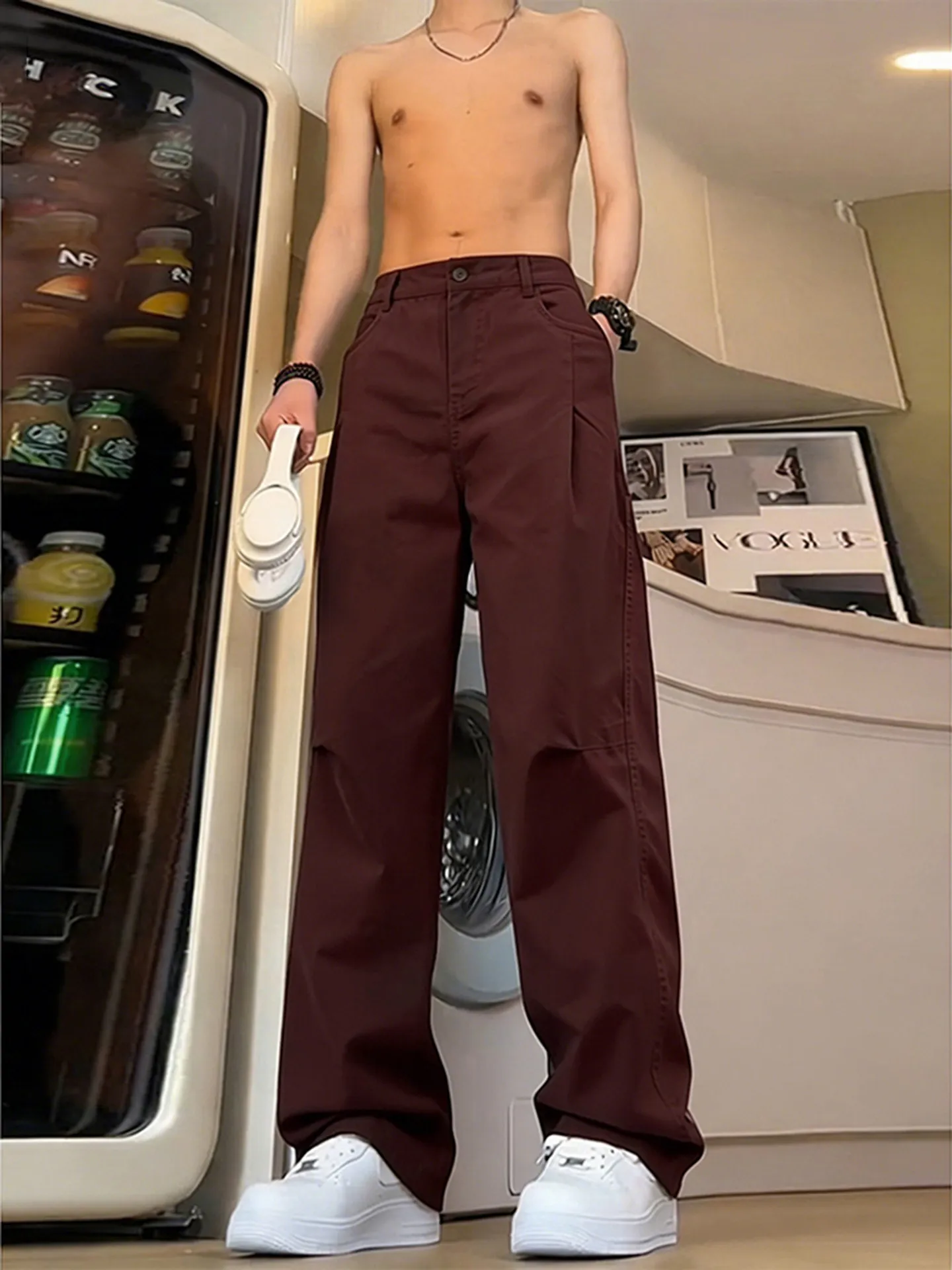 

Ретро-брюки американского стиля винного цвета, мужские повседневные брюки, прямые широкие брюки с защипами для подростков, весна-осень