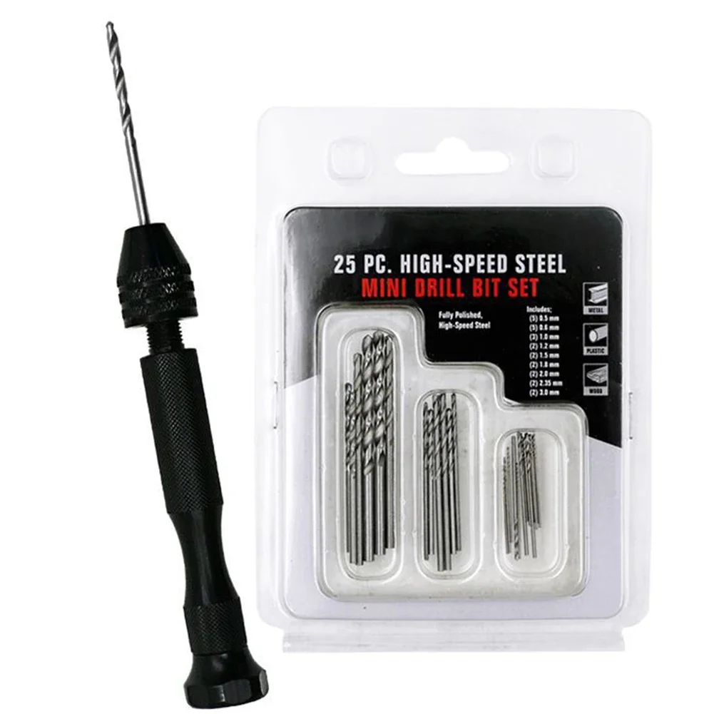 Miniature Hand Drill Set With Keyless Chuck And 25pcs HSS Drill Bits For PCB Plastic Wood Model Making And Electronic Work