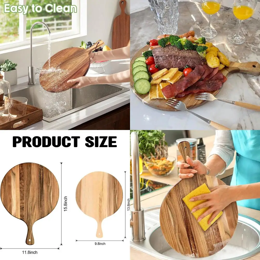

Acacia Wood Round Cutting Boards with Handles, 2 Sizes: 12x16 & 14x10, Charcuterie Serving Trays, Chopping Paddles for Kitchen U