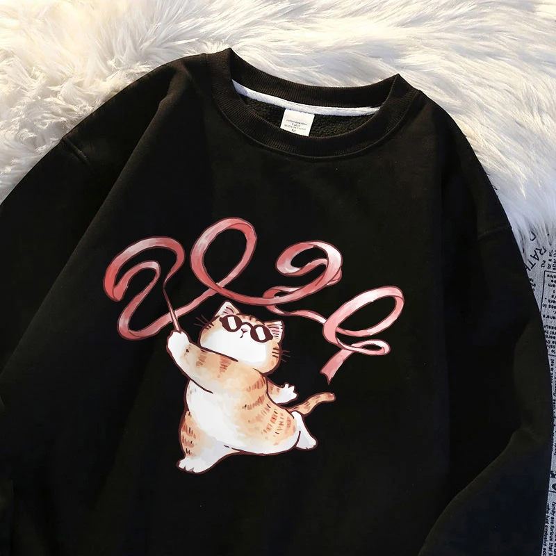 

Cat Dancing Print Sweatshirt Wo'S Autumn Crewneck Sudaderas Simple Oversize Sudadera Street Comfortable Sportswear 'S