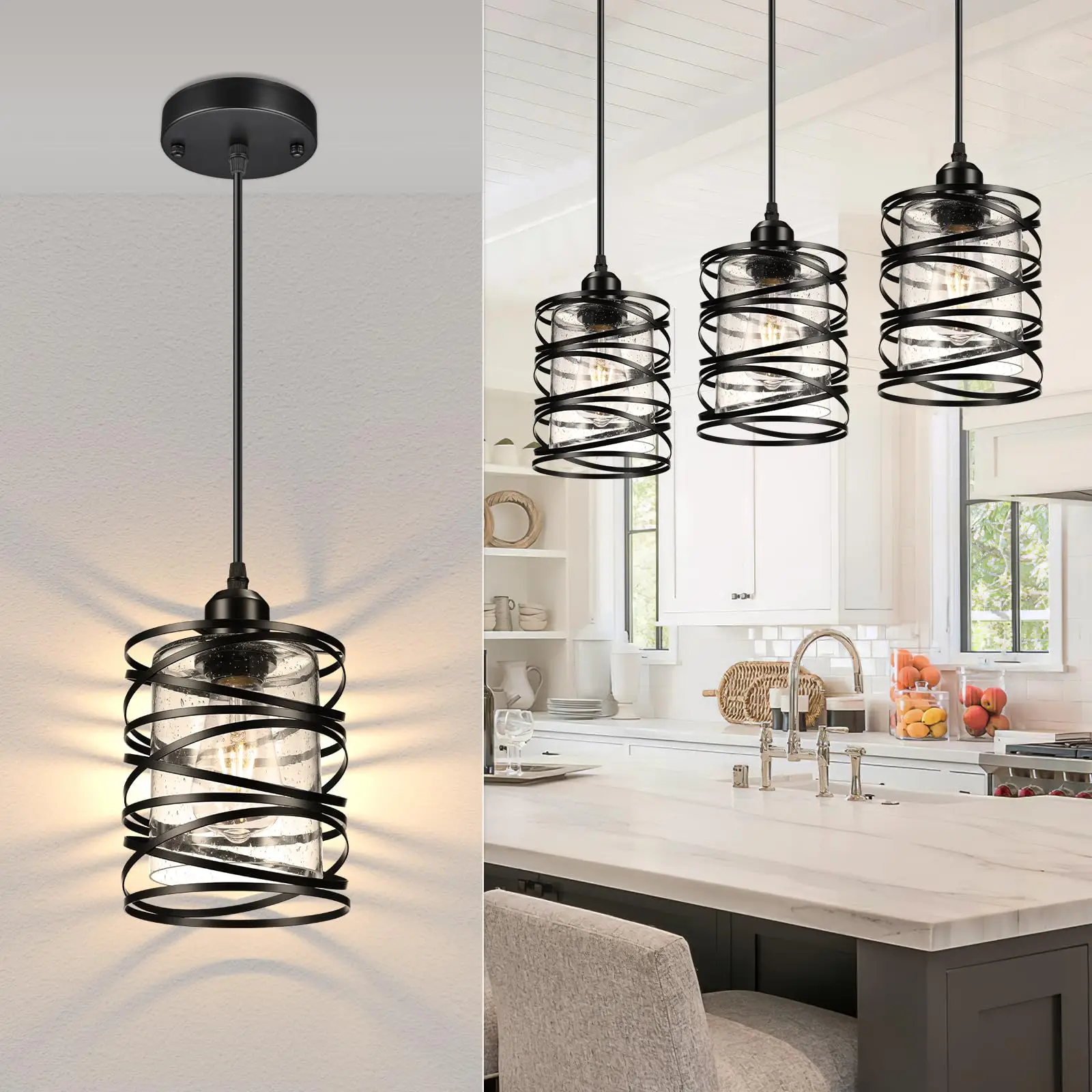 3 PACK Black Farmhouse Pendant Lights Kitchen Island Decor, Modern Seeded Glass Over Sink Pendant Light Fixture