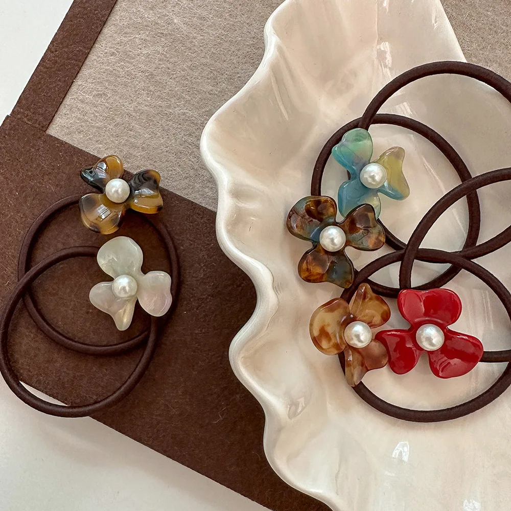 

Резинки для волос премиум-класса из ацетата с цветком в стиле Ins, элегантная резинка для волос с низким хвостом, бордовый янтарь