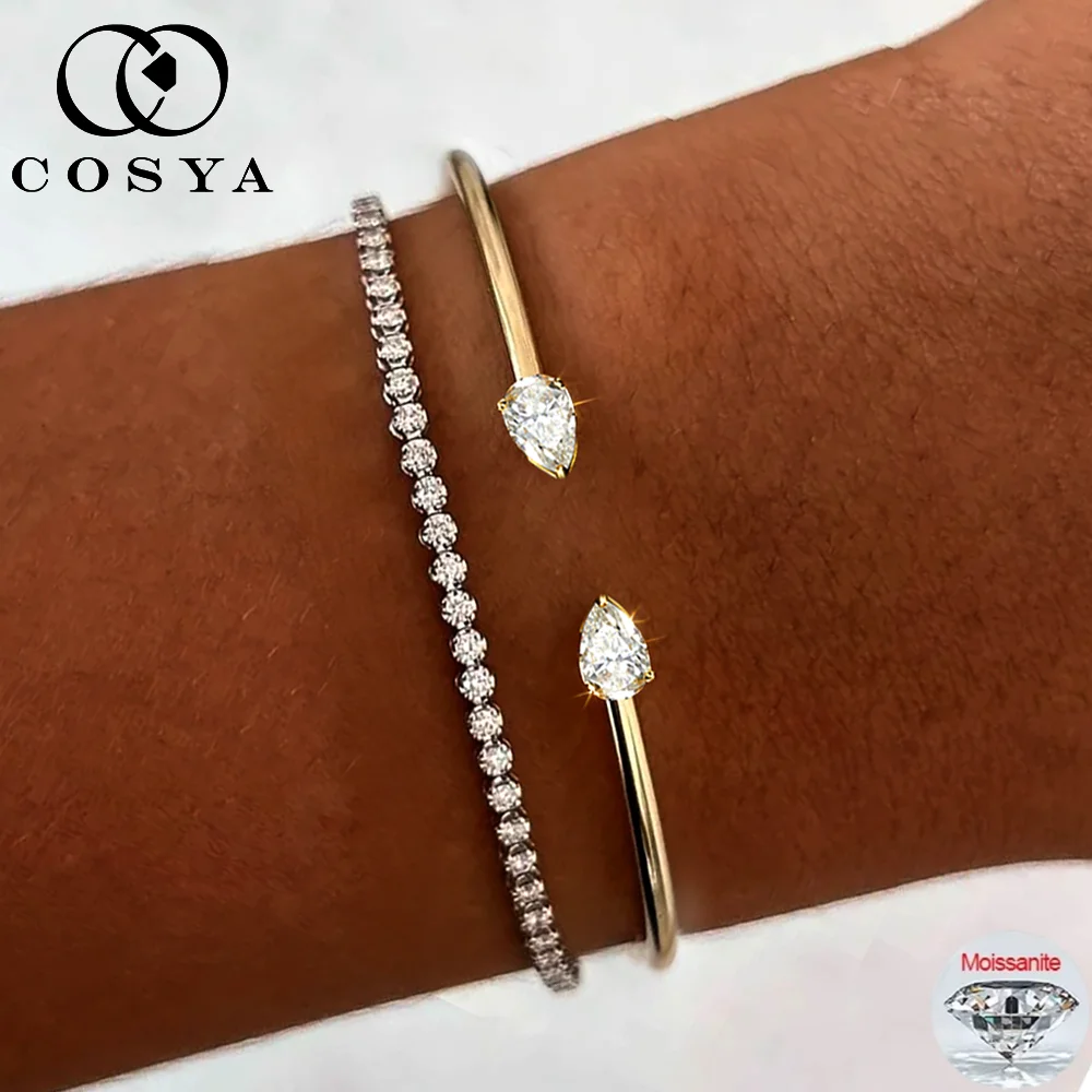 COSYA 2CT Pear Moissanite Open Bangles Bracelet for Women S925 Silver 18K Gold Plated WaterDrop 2 Stone Adjustable Fine Jewelry
