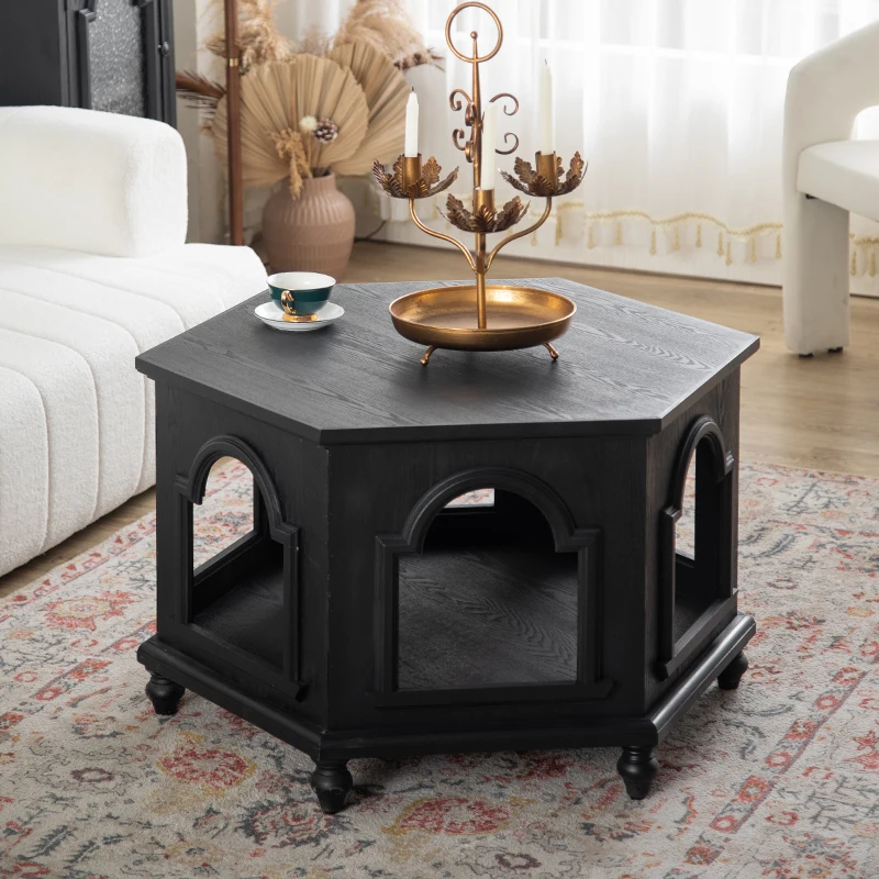 

French antique style living room coffee table solid wood homestay clothing store coffee table American black sofa edge table hig