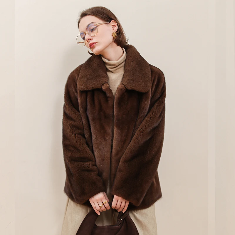 Ftangaiur New Winter Import Velvet Mink Fur Coat Turn-Down Collar Full Sleeve Mink Coat Women Short Natural Real Mink Fur Coats