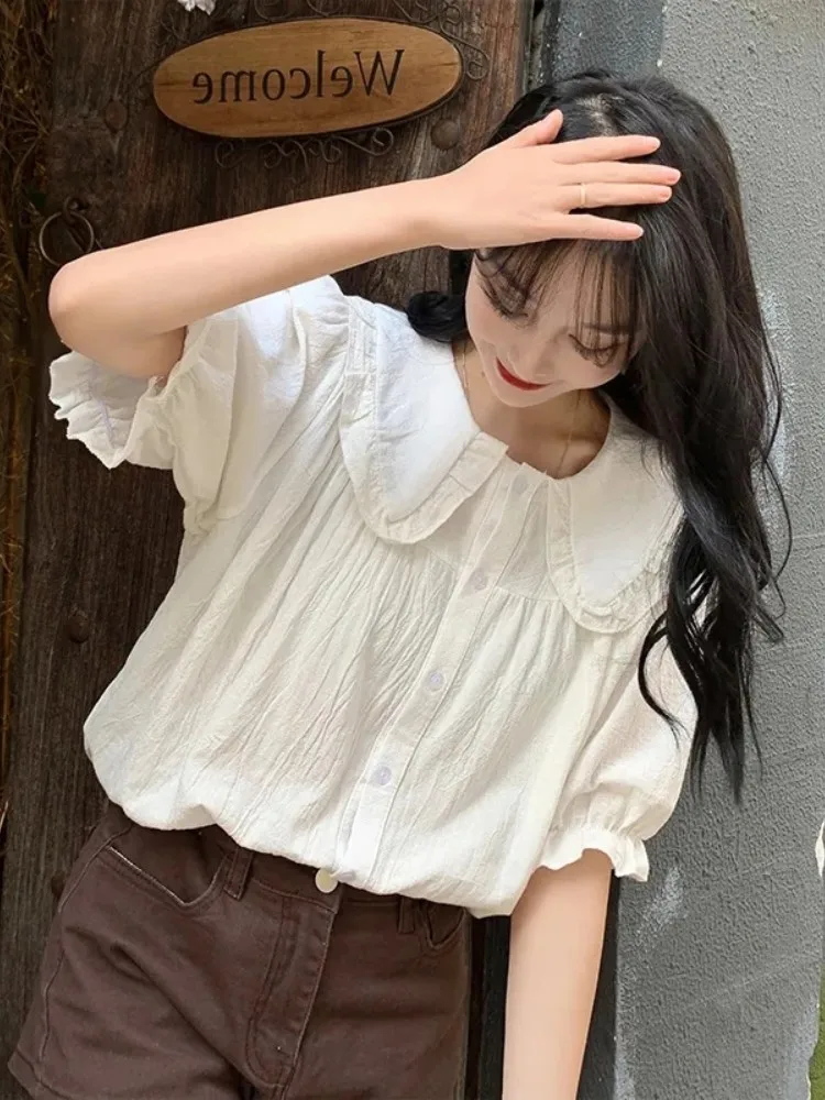 

plus Size Women's Summer Shirt Short Sleeve Doll Collar Loose Fit Chiffon Top Stylish Casual Wear for All Body Types