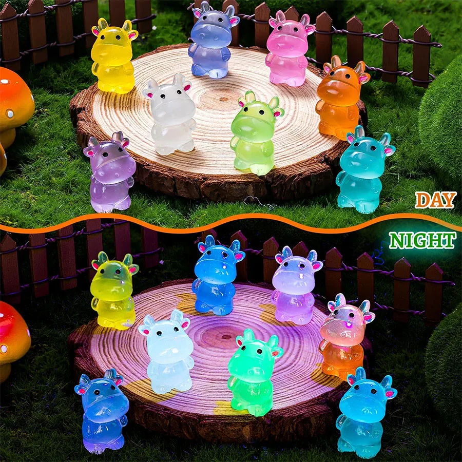 10/20pcs Luminous Mini Resin Cow, Glow in The Dark Cows Tiny Animals Figures DIY Crafts for Fairy Garden Micro Landscape