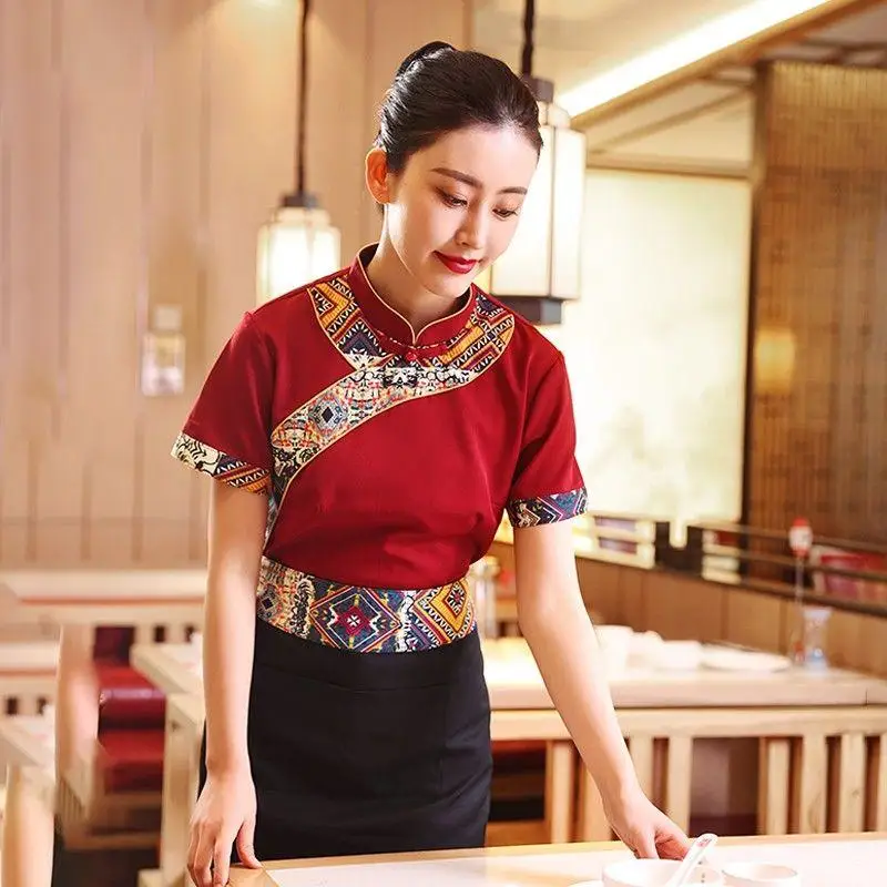 Summer Waiter Uniform Waitress Ethnic Style Printing Pattern Restaurant Hotel Breathable Comfortable High Quality Chinese Suits