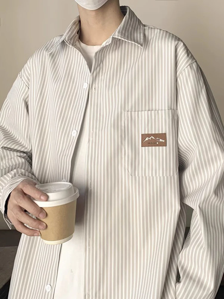 

American Style Striped Long Sleeve Men's Shirt Vintage Japanese Retro Teenager Feeling Outerwear Trendy Casual Loose Fit