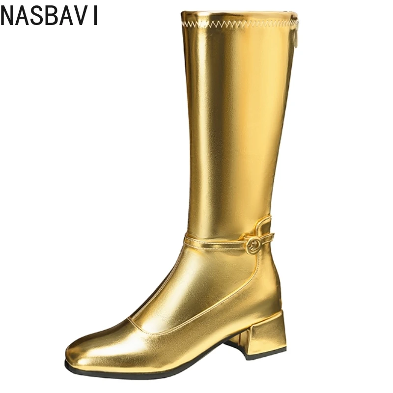 الفاخرة الشتاء حذاء برقبة للركبة الذهب الفضة المرأة أحذية عالية عادية منخفضة الكعب موضة أحذية الحفلات الطويلة سيدة مقاوم للماء