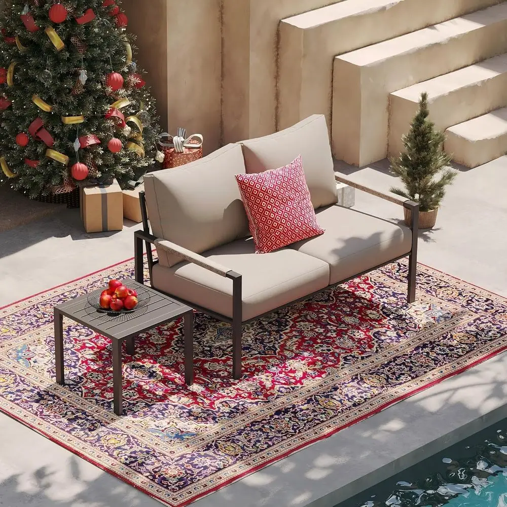 

Комплект садовой мебели для патио: двухместный диван с 6 подушками и кофейным столиком, устойчивый к непогоде, для сада, двора, веранды или балкона, светло-серый.