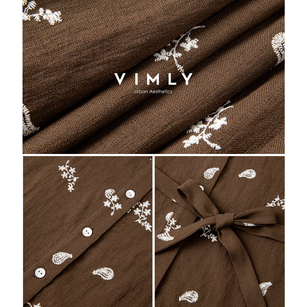 VIMLY Women's Brown Floral Embroidery Shirts Fall 2025 French Round Neck Elegant Chic Woman Top Puff Sleeve Lace-up Blouse A3075