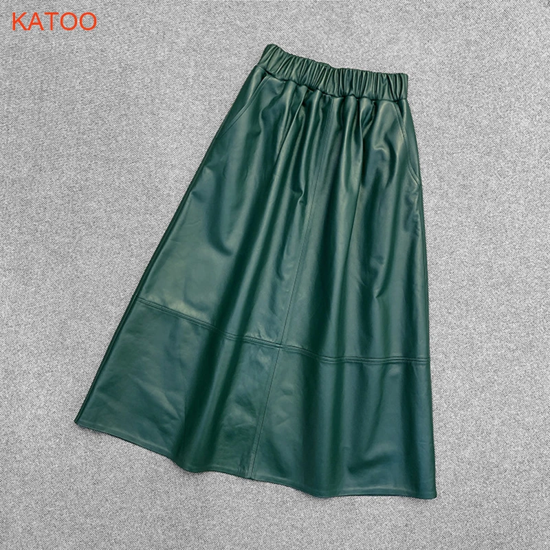 Genuine Leather Long Skirt Ladies Autumn Winter Sheepskin Elastic Waist Loose Casual Oblique Pocket Dark Green Umbrella Skirt