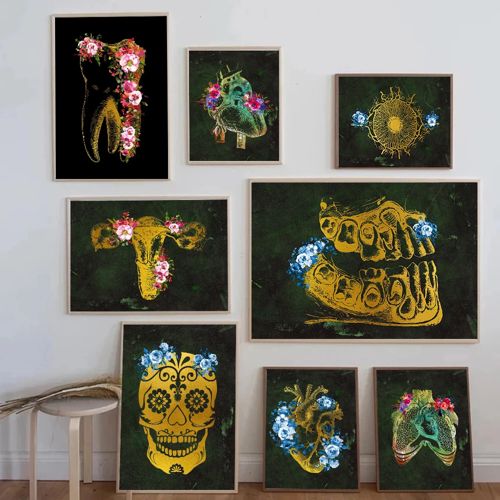 

Abstract Anatomical Flower Human Organs Poster Prints Nordic Medicine Heart Skull DNA Sequences Canvas Painting Wall Art Decor