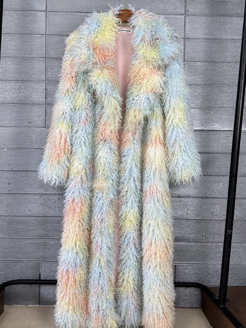 

Women's Faux Trendy Fur Coat Printed Colorful Furry Coats Autumn Winter Chic Suit Collar Thick Long Overcoat 2YACH