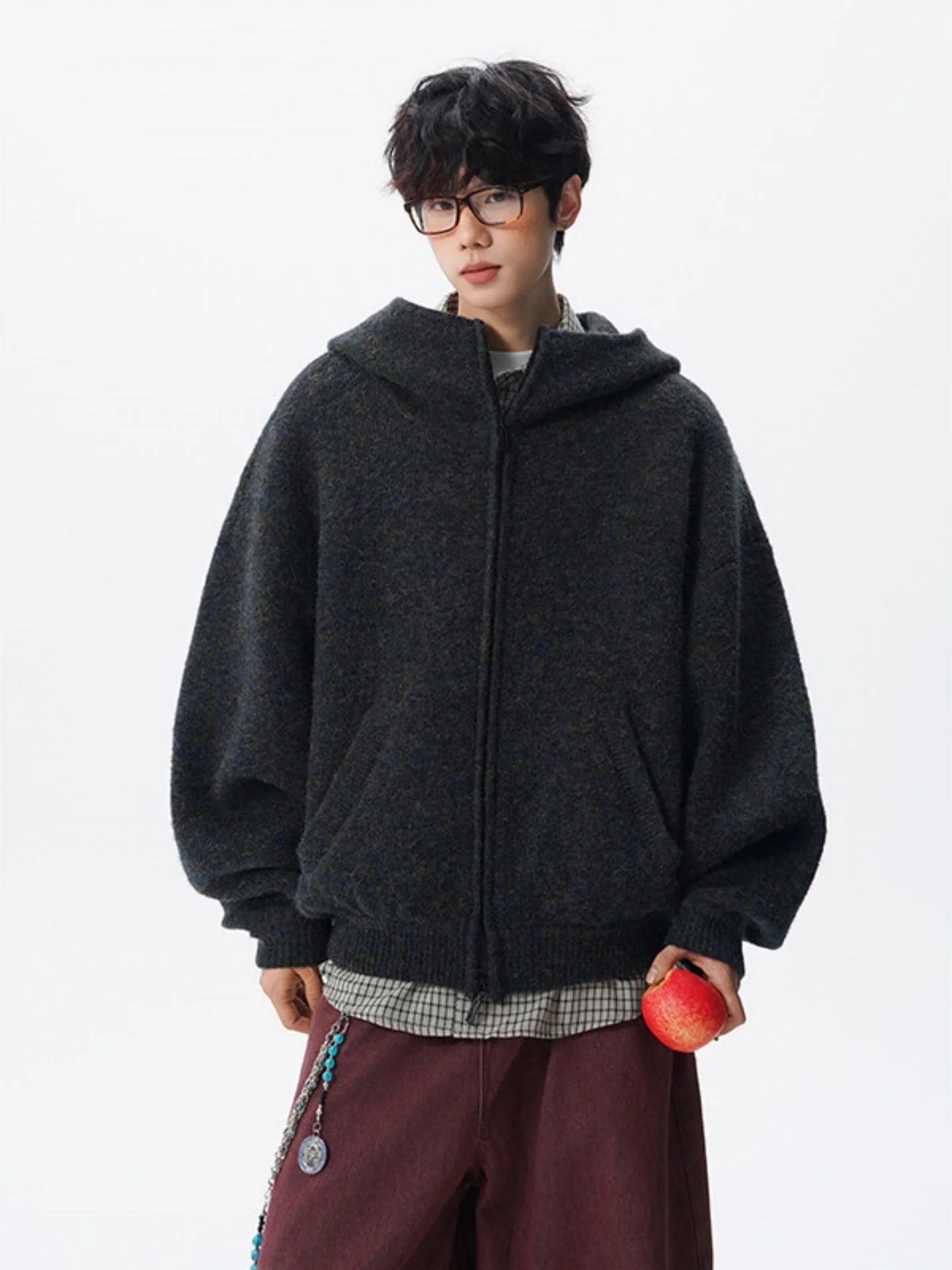 

Мужской плотный вязаный кардиган в стиле ретро, свободный крой, с капюшоном, осенняя повседневная одежда