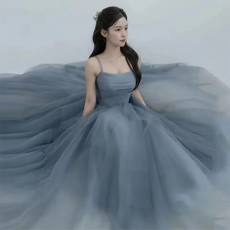 

Пыльно-синие корейские вечерние платья трапециевидной формы с оборками для фотосессии, многоуровневое вечернее платье из тюля феи, платье для выпускного вечера с корсетом по индивидуальному заказу