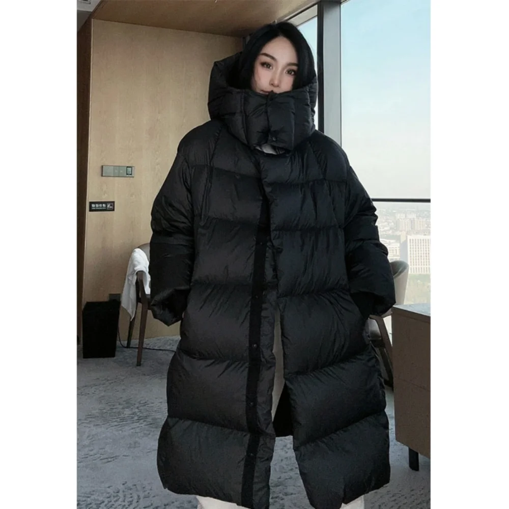 Chaqueta de plumón para mujer con capucha gruesa de capullo largo, versión coreana holgada de la ropa de pan, calidez al aire libre