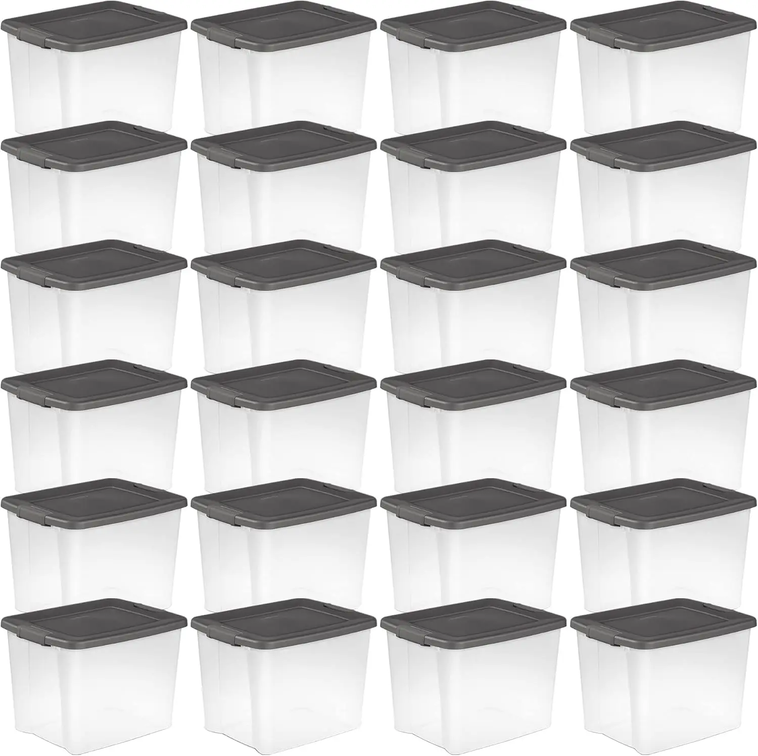 Sterilite 50 Qt ShelfTote Stackable Storage Bin Latching Lid Plastic Container To Organize Closet Shelves Clear Base 24-Pack