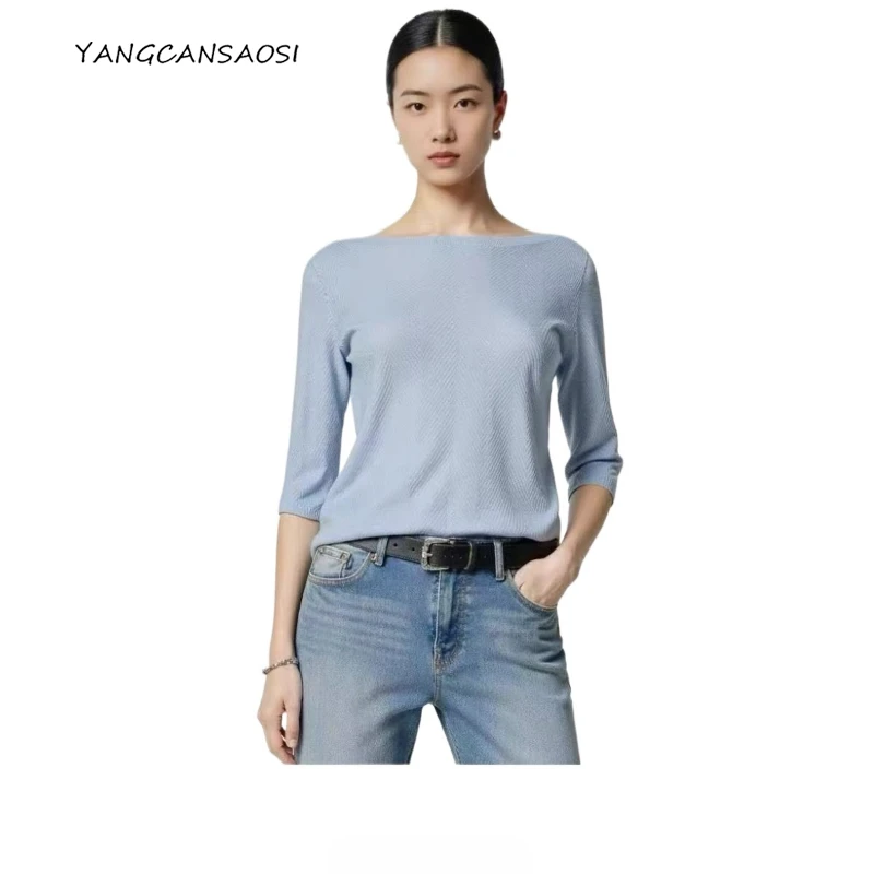 Damska Jesienna Nowa Bezszwowa Ultracienka Koszulka Dzianinowa z Mieszanki Lyocellu, Jedwabiu Morwowego i Naturalnego Jedwabiu, Wyszczuplająca, z Efektem Wodnej Falki