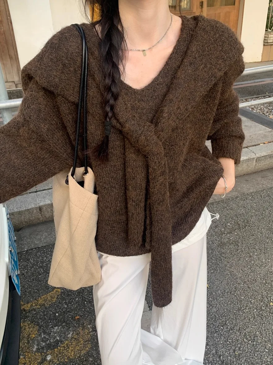 

Ретро-свитер кофейного цвета с V-образным вырезом, женский, осенне-зимний, свободный крой, вязаный, с длинными рукавами, удобный, повседневный, модный