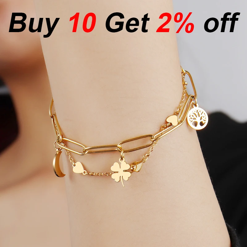 18k Gold Plated Stainless Steel Heart Pendant Bracelet Women Fashion 316L Bracelets Layer Chain Charm Bracelets Jewelry Gifts