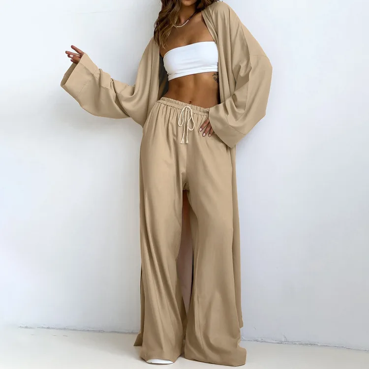 

Fashion Loose Khaki 2 Piece Sets Women Outfit 2025 Casual Long Sleeve Robes With High Waist Wide Pants Set Streetwear